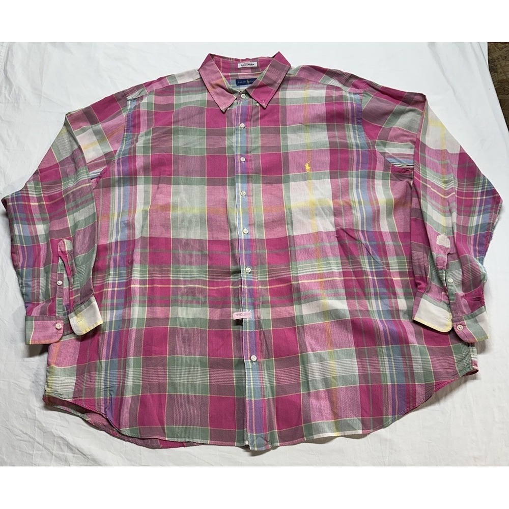 Ralph Lauren Mens 3XB Pink Plaid Button Down Shirt Long Sleeve Cotton Tall